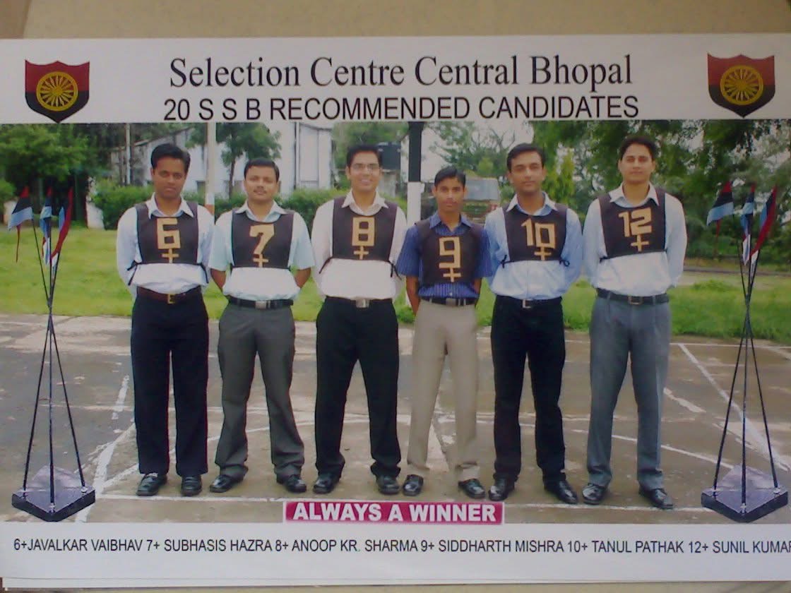 Anoop Kumar Sharma, candidate 9, among the recommended candidates at 20 SSB Bhopal, standing under a banner reading 'Always a Winner'